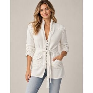 Pure Handknit White Knit Cardigan Sweater M/L Belted Button Front Boho